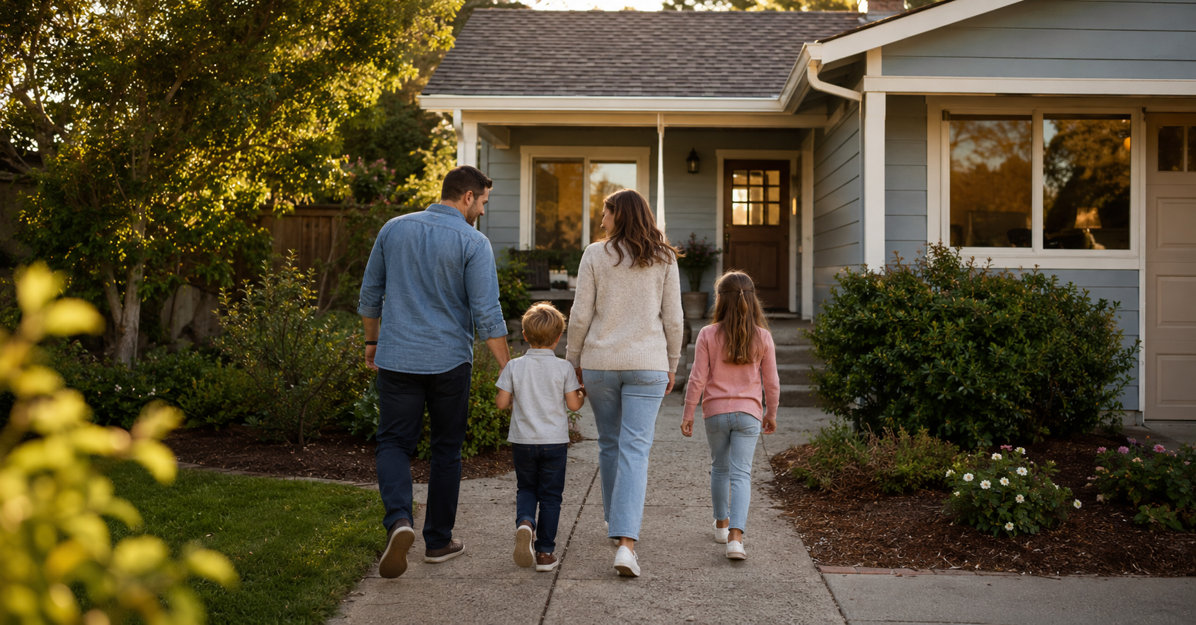 Family walking toward a home